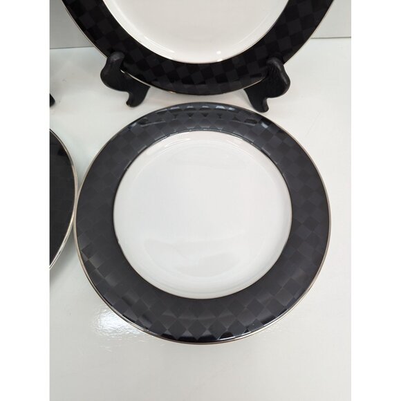 Nikko Fine China Black Tie Patra 8" Salad Plate Silver Trim Set of 4 - Picture 6 of 10